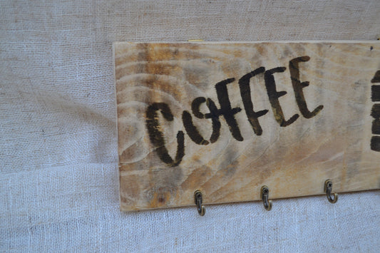 Pieza Decorativa "Coffee" de Madera con Colgadores para Cocina y Cafeterías | Kimori Arts