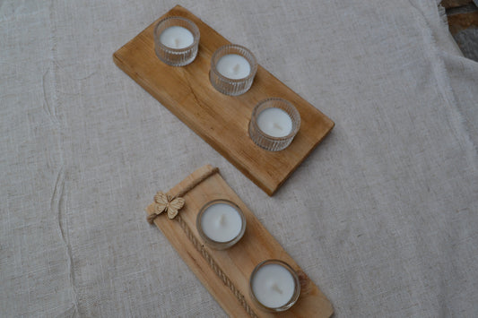 Pack de Portavelas Artesanales de Madera con 2 y 3 Velas de Cristal | Kimori Arts