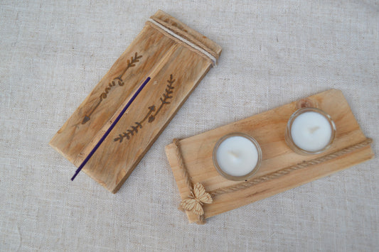 Pack regalo Kimori con portaincienso y portavelas artesanal de dos velas