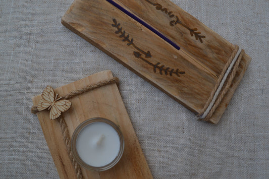 Pack Artesanal de Portavelas y Porta Incienso de Madera | Decoración para el Hogar | Kimori Arts