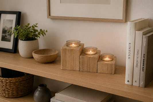 Set de 3 Portavelas de Madera Artesanales | El Toque Decorativo Perfecto para Estanterías, Salones y Oficinas