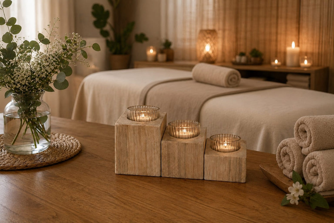 Set de 3 Portavelas de Madera Artesanales | El Complemento Perfecto para Spa, Masajes y Relajación