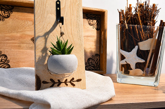 # Pieza de Madera con Cactus Colgante | Decoración Artesanal | Kimori Arts