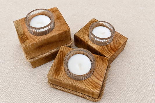 Velas cuadradas de madera decoradas – Set de 3 tamaños | Kimori Arts