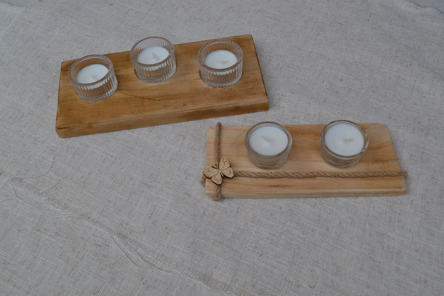 Pack de 2 Portavelas de Madera con Cuencos de Cristal