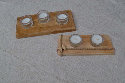 Pack de 2 Portavelas de Madera con Cuencos de Cristal